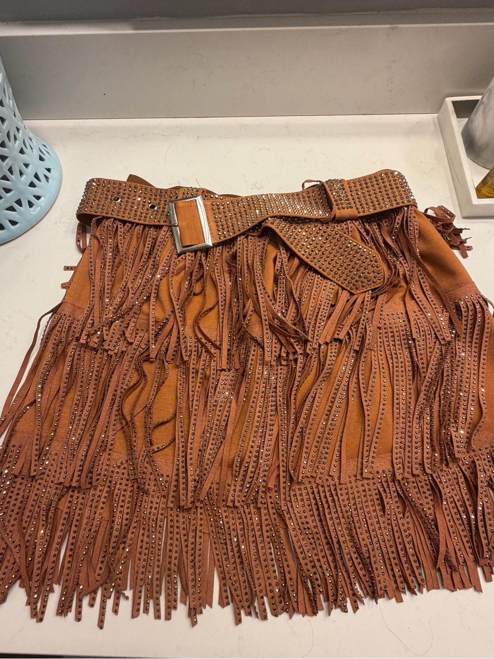 Fringed Suede Skirt with Studded Belt - Rust